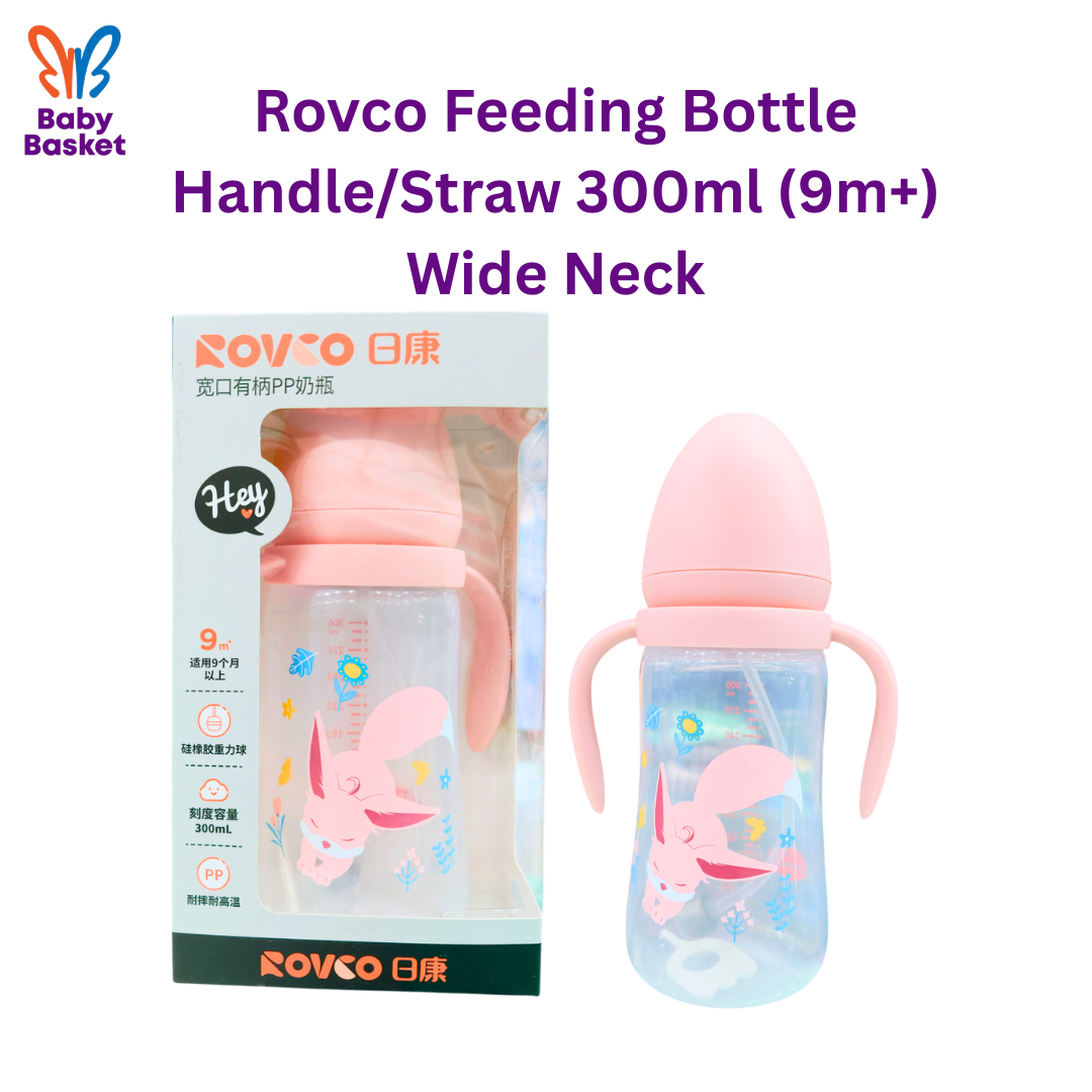 Rovco Feeding Bottle HandleStraw 300ml (9m+) Wide Neck